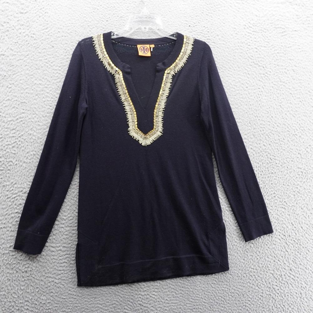 Tory‎ Burch Merino Wool Beaded VNeck Sweater Small Navy Blue Womens Tunic